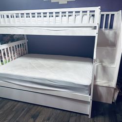 White Twin over Full Bunk Bed with Trundle and Staircase