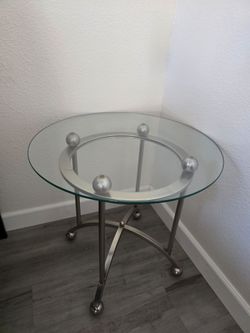Pair of Modern Round Glass & Silver Metal End Tables