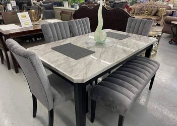 ✅️✅️ 5 pc Pascal black wood finish faux marble top dining table set grey fabric (Bench not included)✅️✅️