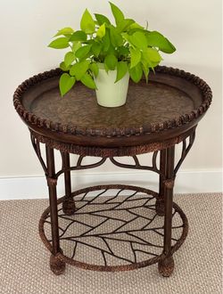 Bernhardt Textured Wood and Wicker Table with Iron Shelf