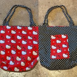 Hello Kitty Reversible Red & Black/White Polka Dot Tote Bag 13”x13”
