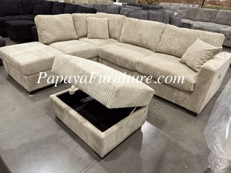 NEW Tan Soft Fabric Sectional Sofa Chaise Set FREE STORAGE OTTOMAN Reversible Left Right Big USB Ashley Sty Beige Brown Couch Clearance Discount SALE