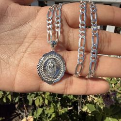 925 Sterling Silver Figaro  Chain Bundle Set With  Virgen Mary 