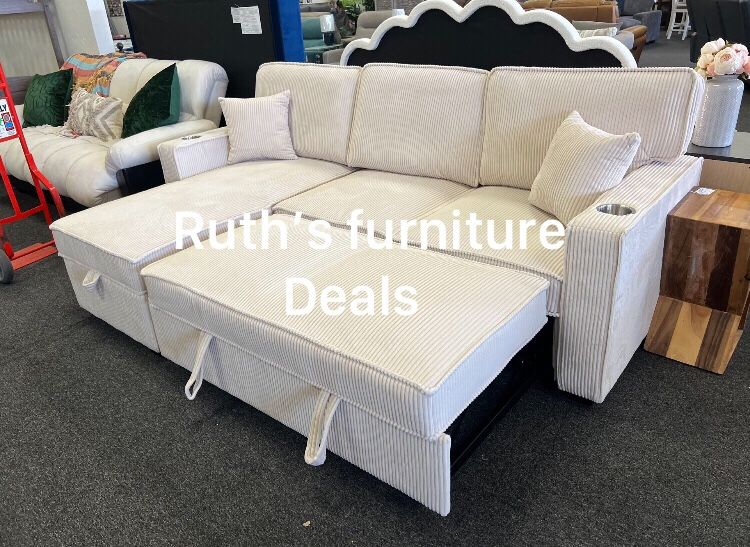 Elegant Ivory 2-Pc Corduroy Sectional Sofa Sofa W/USB Port, Reversible Chaise, Chaise Storage, & Pullout Bed