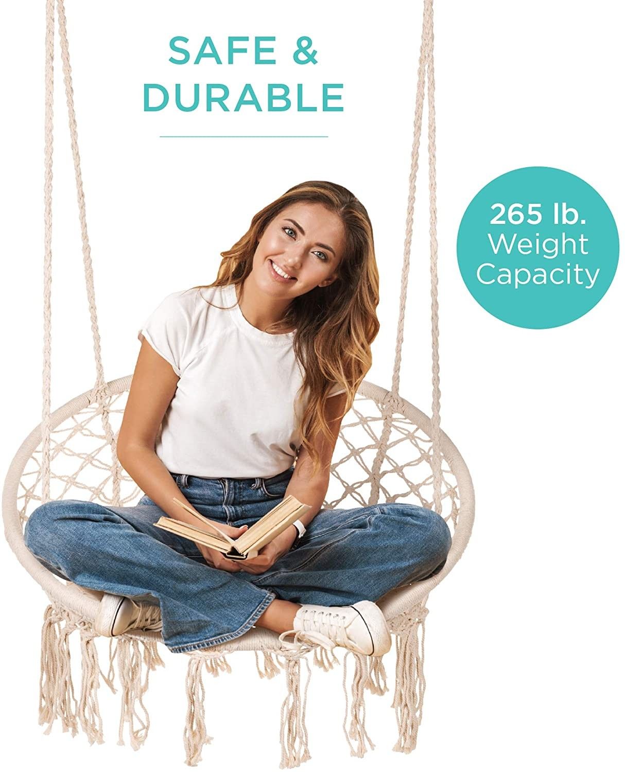 Cotton Handwoven Macrame Hammock Hanging Chair with Backrest, Beige