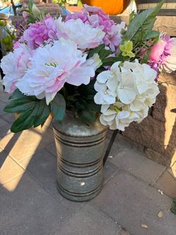 Galvanized Metal Vase with Faux Flower Arrangement