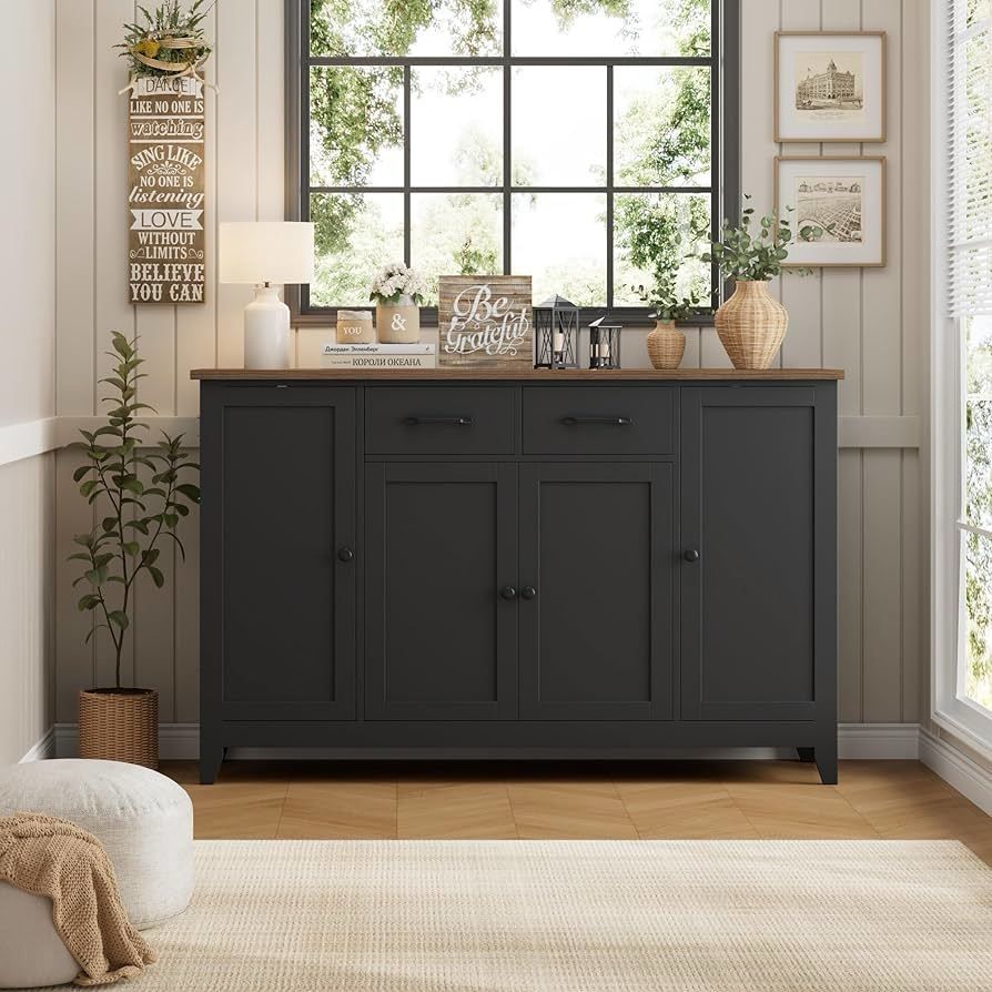 55" Buffet Cabinet with Storage, Kitchen Buffet Sideboard with Drawers, Large Storage Cabinet with Doors and Shelves, Modern Farmhouse Coff