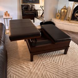 Brown Leather Wood Ottoman Coffee Table