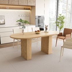 Oval Dining Table for 6 People, 62.9 Inch Farmhouse Kitchen Table with Wood Strip Base, Large Round Pedestal Dining Room Table for Living Space, Natur