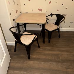 Kids Table and 2 Chairs Set – Wood Top with Black Metal Chairs