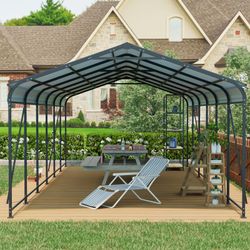 12 X 32 FT Carport, Heavy Duty Carport with Galvanized Steel Roof and Frame, Metal Carport Large Garage with 4 Fixed inclined square tube supports for