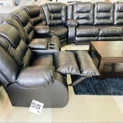 Brand New Living Room Set 💥 Ashley Vacherie 3 Piece Black Leather Padded Soft Oversized Reclining Sectional Couch| Sofa, Loveseat, Wedge| Red, Brown|