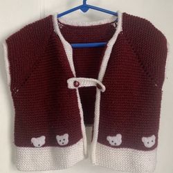 Hand Knitted Vest Maroon White Bear Appliqué Crochet Cardigan Sweater Ladybug 13