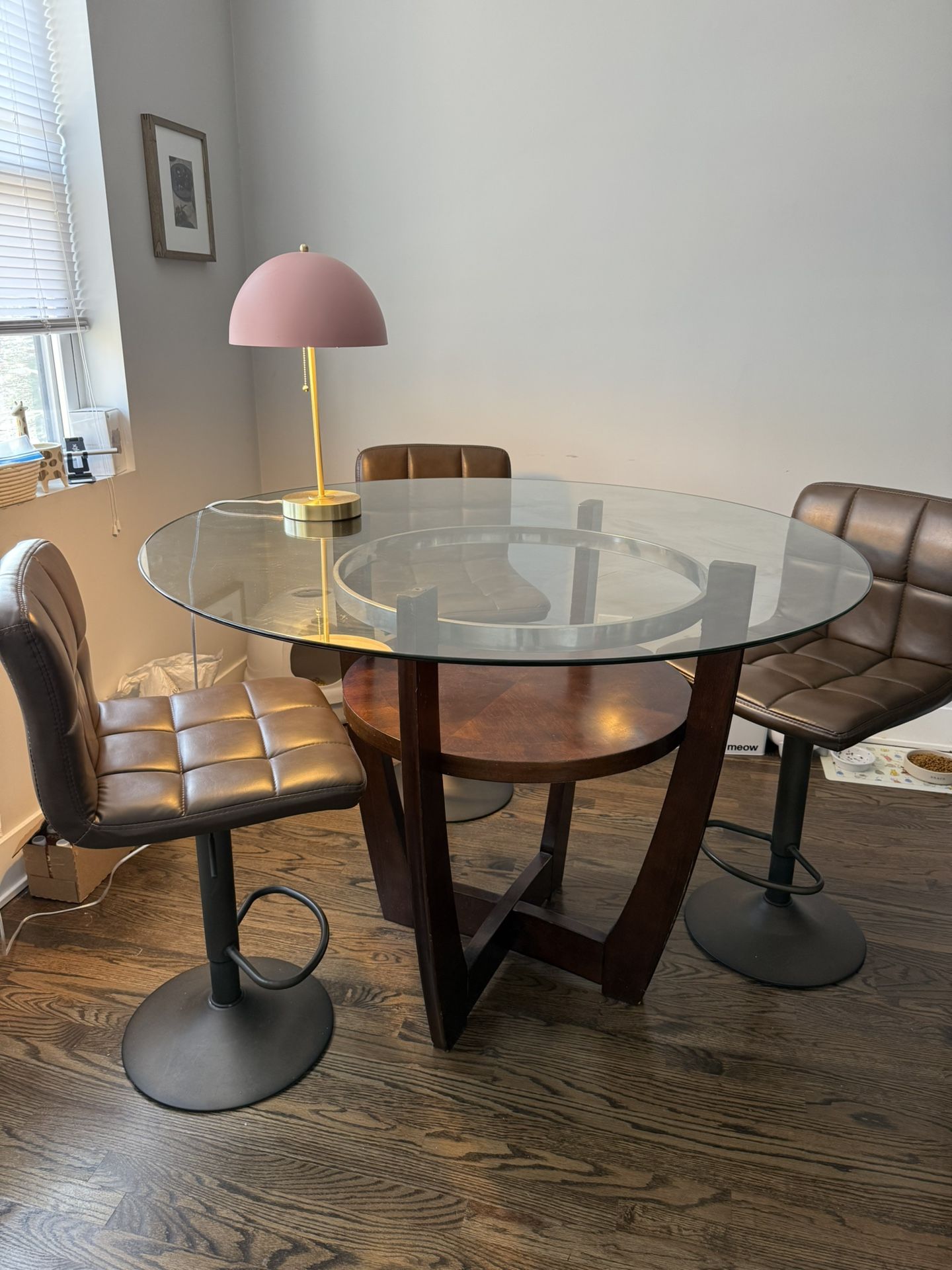 Stylish Round Glass Top Dining Table with Storage + 3 Faux Leather Bar Stools