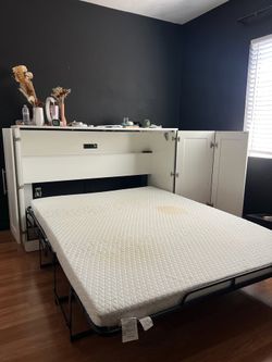 Queen Murphy Bed, White Shaker Cabinet Bed with Charging Outlet