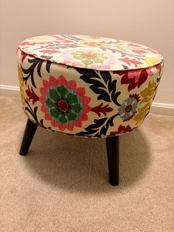 Round Upholstered Ottoman with Floral Print