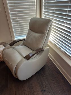 Cream Leather Recliner Chair with Wood Arms