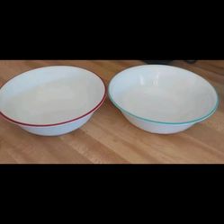 Two Corellle Ceral Bowls Green Trim And Red Trim On Other Bowl