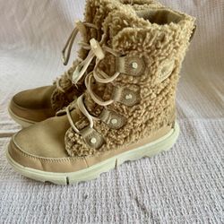 Kids Sorel Winter Boots Explorer Cozy Brown Suede Faux Fur 