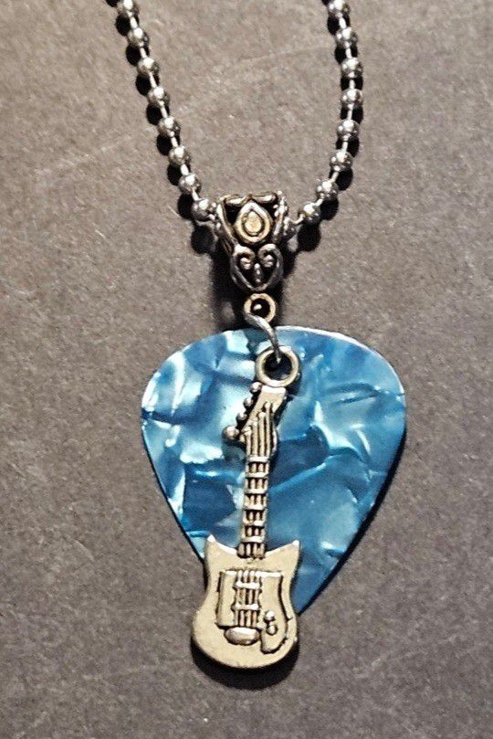 Baby blue Guitar Pick Necklace With Charm 