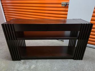 Dark Wood Console Table with Drawers and Shelves $200