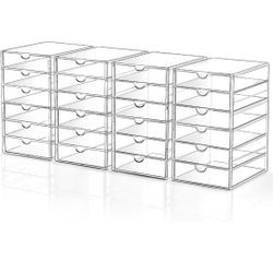 Makeup Drawer Storage Organizer with 24 Drawers, 4 Set Acrylic Office Desk Organization and Storage, Dustproof Drawer Organizer for Makeup, Office, Co