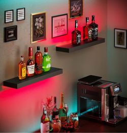 Floating Shelves with LED, RGB Light, set of 2, Black