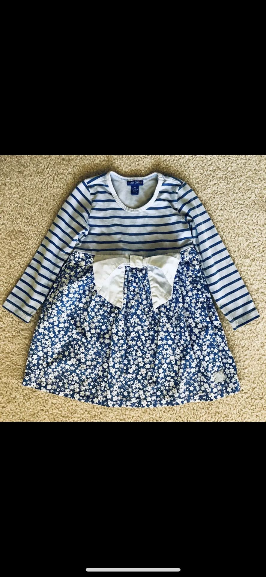 Naartjie kids girls toddler XS small 3T 3 years blue periwinkle flowers bow stripes dress 100% cotton
