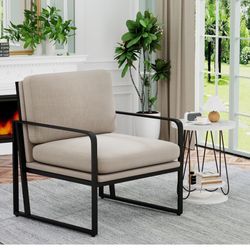  Modern Accent 2 Chairs, Upholstered Living Room Chairs Linen Arm Chair Accent Chairs for Living Room with Metal Frame Light Gray