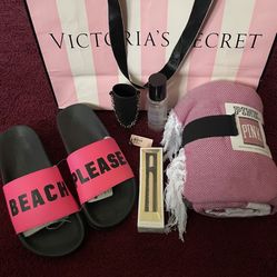 Victoria Secret Bundle NWT Victoria Secret beach blanket PINK Victoria's Secret Cheeky Slide "BEACH PLEASE" Size Large 9/10 Victoria secret hand sanit