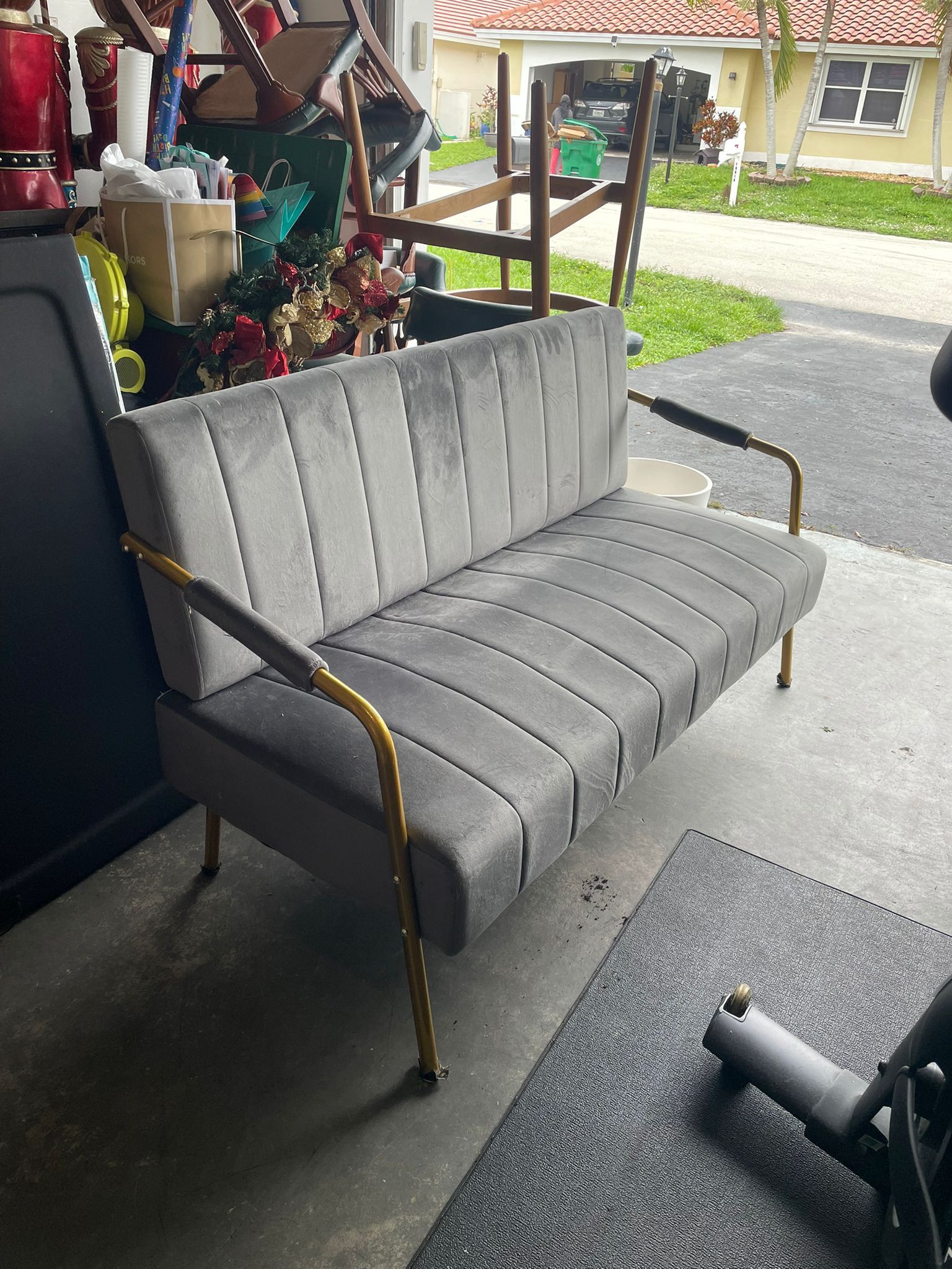 Grey Velvet Mid Century Modern Couch