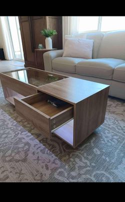 LED Coffee Table - Lighted & Electric Living Room Accent Table with Glass Tabletop, Storage Shelf & Drawer - Modern Wooden Center Table & Furniture fo