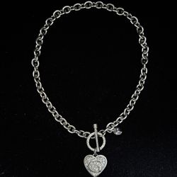 Guess Silver Heart Necklace / Guess Logo Link Pendant Necklace - Silver