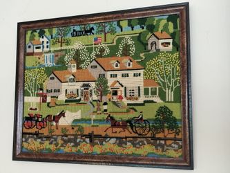 Vintage C. Wysocki Fox Hill Farm #2125 Needlepoint and Crewel Stitched Wall Art.  See Description