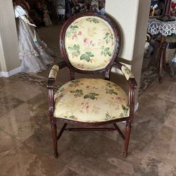 Mid century Carved Wood Arm Chair Upholstery Yellow,green With Pink Roses