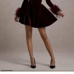 Port Velvet Plunge-Neck Feather Trim Mini Dress