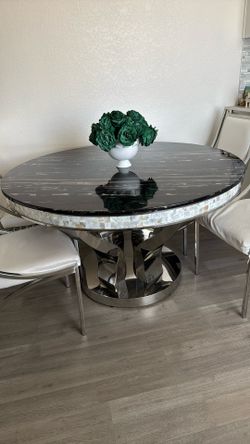 Marble Modern Dining Table Set With 4 Leather Chairs