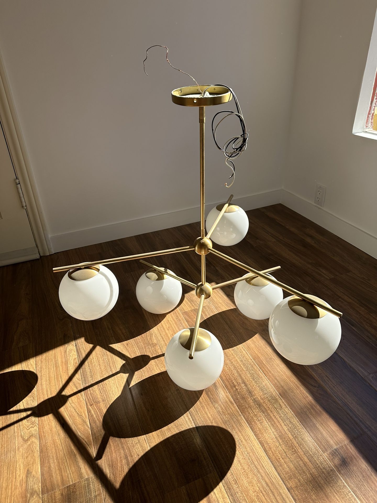 West Elm Mid Century Modern Sphere And Brass Stem 6 Light Chandelier