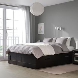 IKEA:  Bed frame with storage, black, Queen