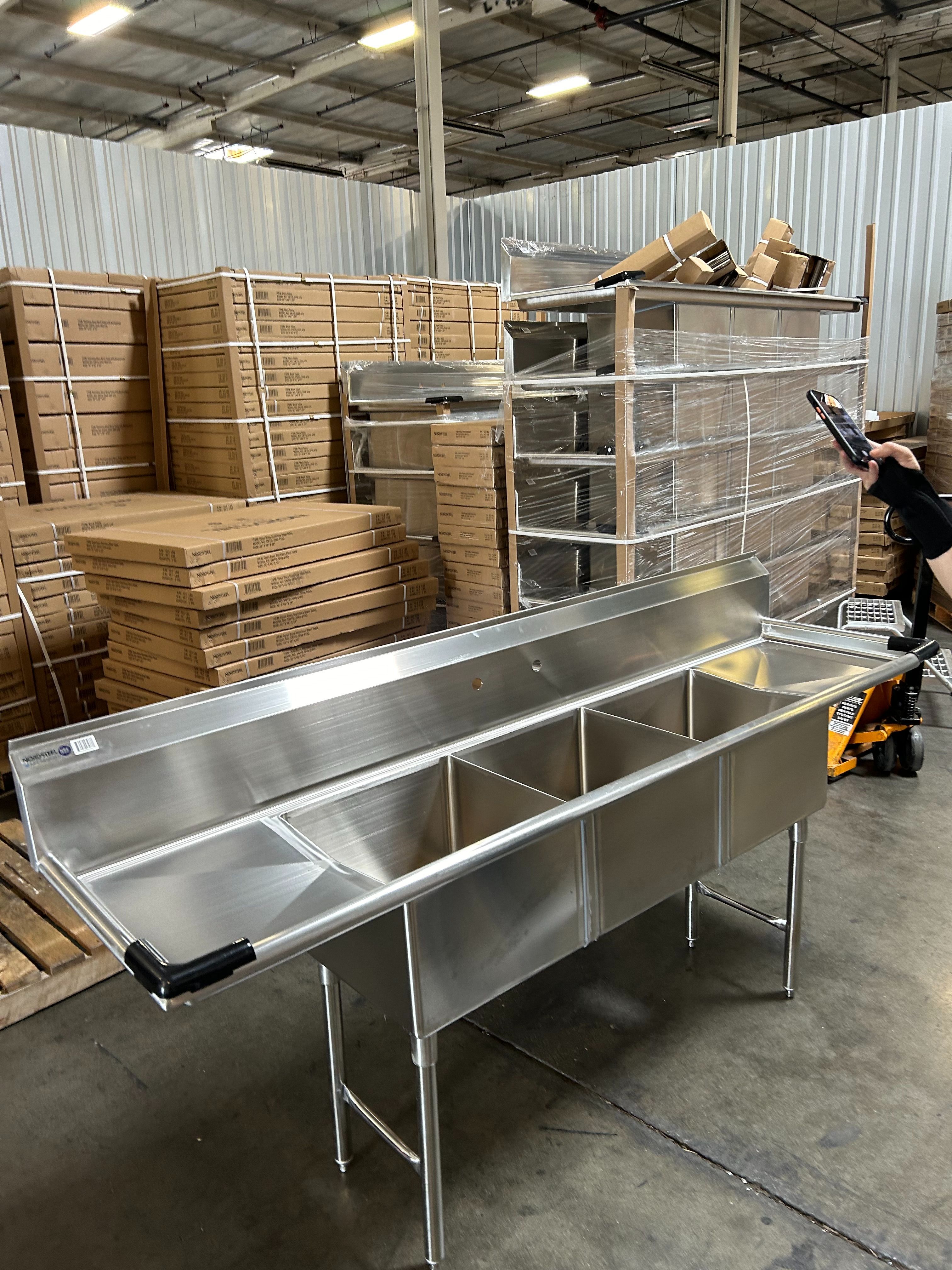 New Stainless steel 3 compartment sink 18x18 with 90" long NSF certified heavy duty Nordsteel restaurant equipment