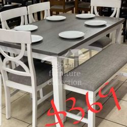 White Solid Wood Dining Table Set With Chairs And Bench 60x36x30 "