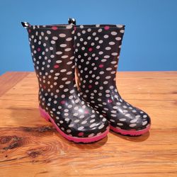 Toddler Size 12/13 Rain Boots Black/White/Pink Polka Dots