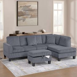 Brand New Grey Sectional Sofa w Storage Ottoman 