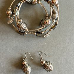 Silver  Wrap Around Bracelet With Spiral Wrapped Beads And Matching Earrings 