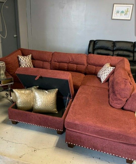 Brand New Red Velvet Like Sectional Sofa Couch +Storage Ottoman (New In Box}