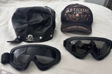 (707070-80) Leather Bandana Biker Doo Do Rag Headwrap Studded Skull Cap Capsmith Du Rag Black, 2 Pairs Motorcycle Goggles Fit Helmet, ATV Ski Goggles 