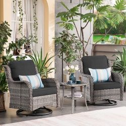 OVIOS 3-Piece Patio Wicker Swivel Chair Conversation Set - Black-Grey Wicker
