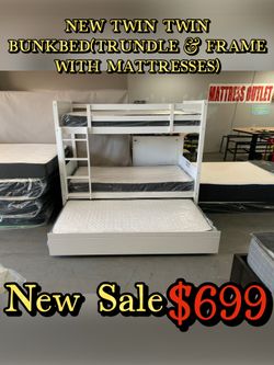 NEW TWIN TWIN BUNKBED (TRUNDLE & FRAME WITH MATTRESSES)