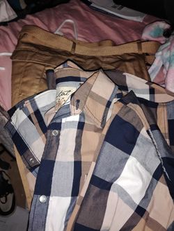 Plaid Button-Up Shirt Navy and Tan with reset cargo pants