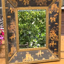 Black Lacquer & Gilt Chinoiserie Wall Mirror – Vintage Asian Inspired Decor
